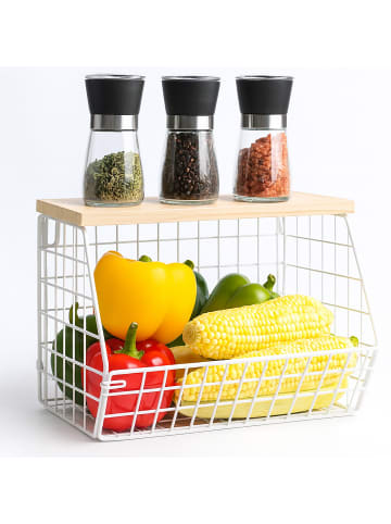 relaxdays Obstkorb Wandregal in Weiß/ Natur – (B)30 x (H)21 x (T)20 cm