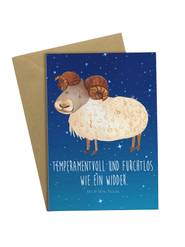 Mr. & Mrs. Panda Grußkarte Sternzeichen Widder mit Spruch in Sternenhimmel Blau