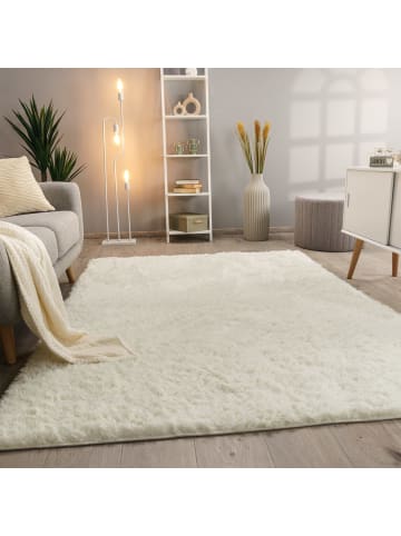 Hochflor Teppich Shaggy waschbar Unifarben Schlafzimmer in Weiß