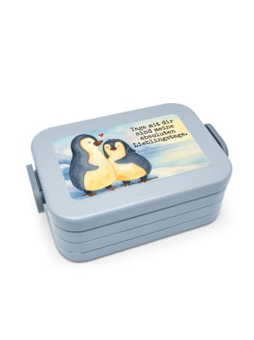 Mr. & Mrs. Panda Snackbox Pinguin umarmen Design mit Spruch in Blau Pastell
