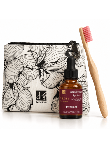 Dr. Botanicals 3-tlg. Reiseset: Kosmetiktasche, Zahnbürste & Augenserum Rose 15 ml