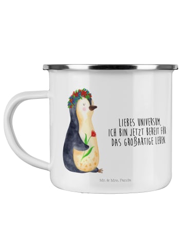 Mr. & Mrs. Panda Camping Emaille Tasse Pinguin Blumen mit Spruch in Weiß