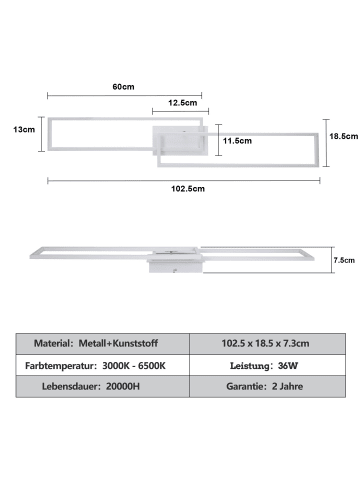 ZMH LED Deckenleuchte in Weiß dimmbar 2-flammige rechteckig Modern 36W Küchenlampe