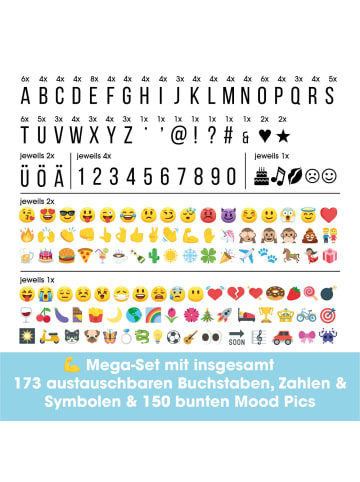 EASYmaxx LED-Leuchtkasten Würfel 6V schwarz/weiß 173 Buchstaben & 150 Moodjis  Weiß