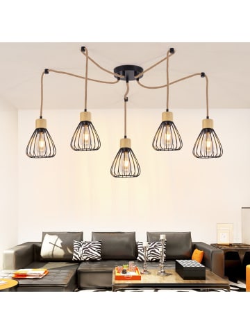 ZMH Pendelleuchte in Schwarz 5-flammige E27 rund Holz