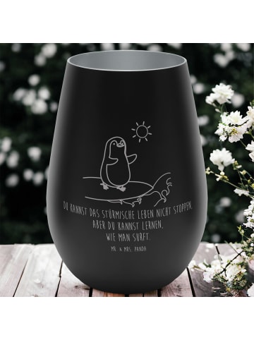 Mr. & Mrs. Panda Gold Windlicht Pinguin Surfer mit Spruch in Schwarz
