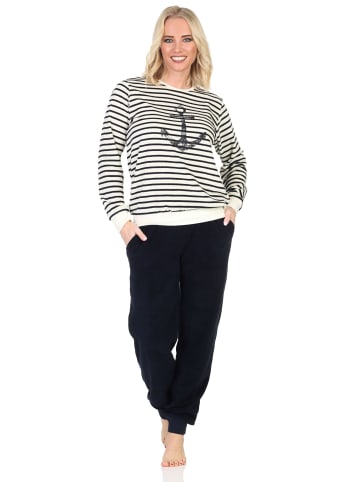 NORMANN Frottee Schlafanzug langarm Bündchen Maritime Optik - 87219 in weiß