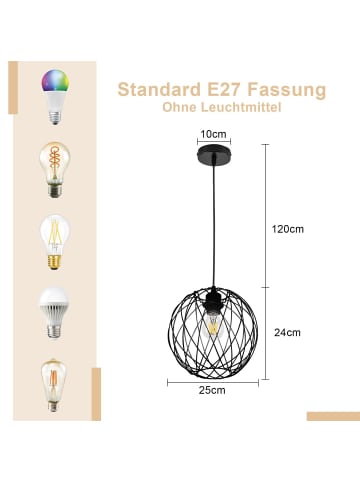 ZMH Pendelleuchte 1-flammige E27 in schwarz modern oval L25cm x H148cm