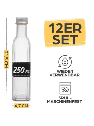 Praknu 12er Set Glasflaschen 250ml Schraubverschluss Eckig - Leere Flaschen