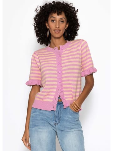 SASSYCLASSY Gestreifte Kurzarm-Strickjacke mit Volants in Pink