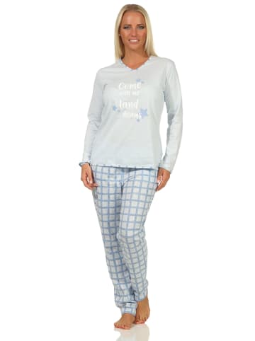 NORMANN Schlafanzug Pyjama karierter Jersey Hose in hellblau