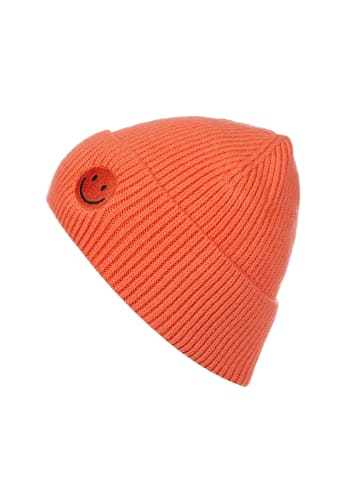 Faera Strickmütze mit Smiley und feinem Rippenstrick in Orange