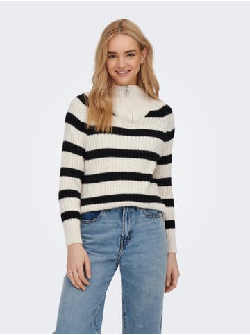 ONLY Gestreifter Basic Strickpullover mit Reißverschluss ONLLEISE in Schwarz