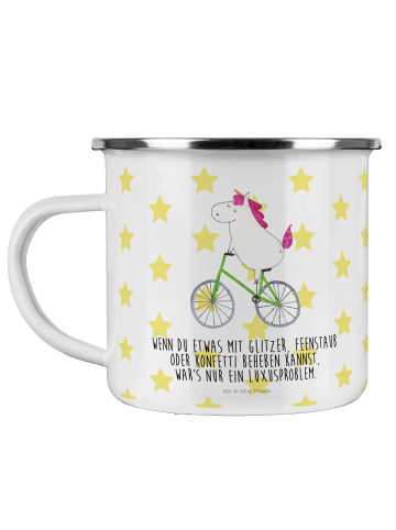 Mr. & Mrs. Panda Camping Emaille Tasse Einhorn Radfahrer mit Spruch in Weiß