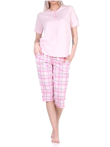 NORMANN kurzarm Schlafanzug karierter CapriHose Jersey - 72615 in rosa