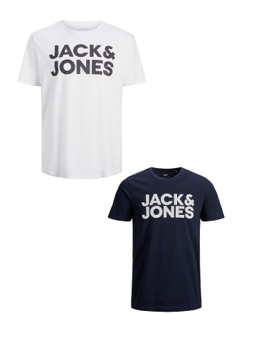 Jack & Jones 2-er SET Plus Size T-Shirt  Übergrößen Shirt Logo Print in Weiß-Blau