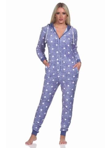 NORMANN Jumpsuit Schlafanzug Overall Coralfleece Tupfen Punkte in blau