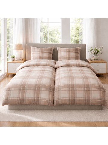 Traumschloss Premium Flanell Bettwäsche - kariert, natur, flieder in lila