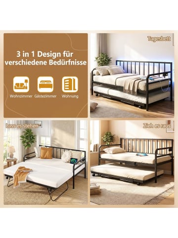 COSTWAY Tagesbett Schlafsofa mit Ausziehbett & LED-Lichtern 90/180x200cm in Schwarz