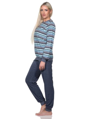NORMANN Frottee Schlafanzug Bündchen Streifen - 81783 in blau