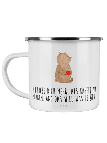 Mr. & Mrs. Panda Camping Emaille Tasse Bär Morgenkaffee mit Spruch in Weiß