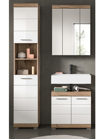 Inn.Furn Badmöbel-Set weiß Hochglanz, Eiche 3-teilig 112 cm mit viel Stauraum