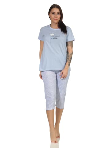 NORMANN Capri Schlafanzug Pyjama kurzarm Blümchen Design in blau