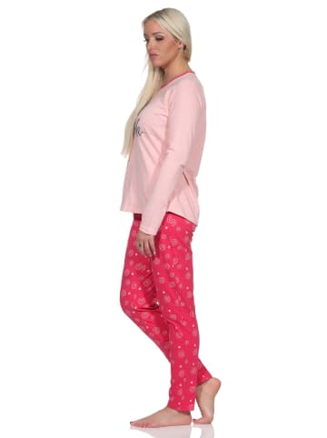 NORMANN Lange Pyjama Schlafanzug Rundhals und Eulen - 80046 in rosa