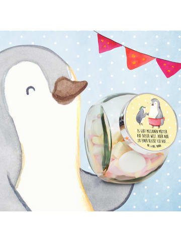 Mr. & Mrs. Panda Süßigkeiten Glas Pinguin mit Kind mit Spruch in Gelb Pastell