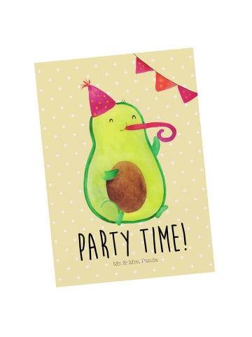 Mr. & Mrs. Panda Postkarte Avocado Party Zeit mit Spruch in Gelb Pastell