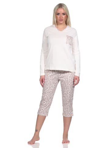 NORMANN Pyjama kurzarm Schlafanzug Caprihose Leoprint in creme