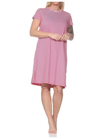 NORMANN Kurzarm Nachthemd Streifenoptik Spitzenbesatz Übergrößen in rot