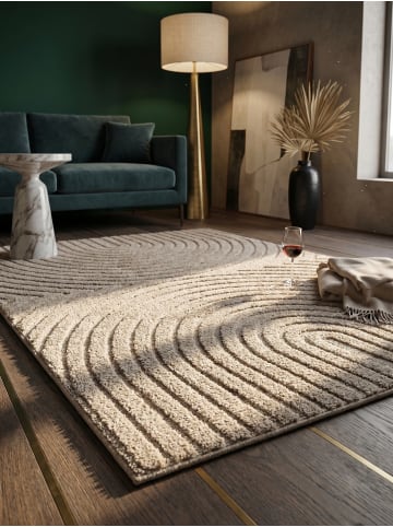 KADIMA DESIGN Hochflorteppich 3D Bögen Boho Waschbar Wohnzimmer in Beige