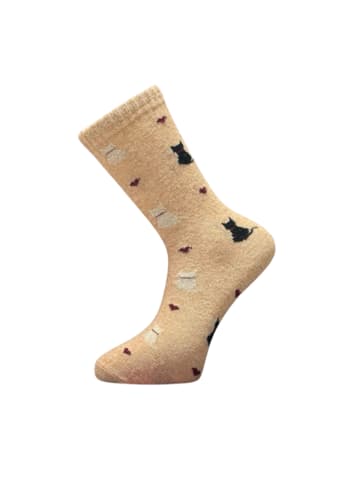 Yuhu Damen Alpaka-Woll-Socken mit Katzenmotiv im 3er Pack in Rosa