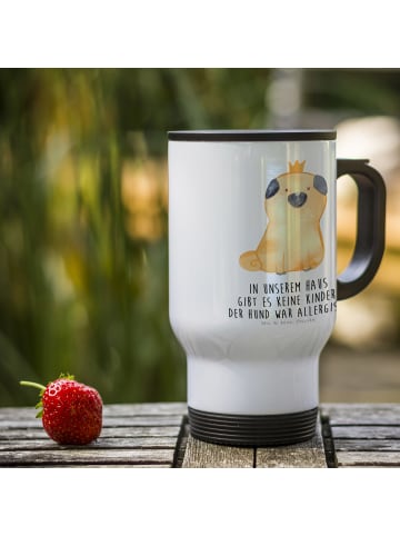 Mr. & Mrs. Panda Kaffeebecher mit Deckel Mops Krone mit Spruch in Weiß