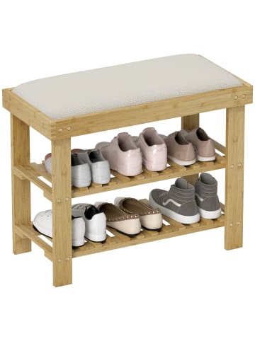 HOMCOM Schuhbank in Cremeweiß & Naturholz 60L x 29B x 49H cm