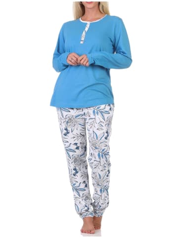 NORMANN Pyjama Schlafanzug langarm Hose floralem print in blau1