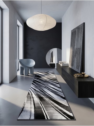 KADIMA DESIGN Teppich Kurzflor Waschbar Wellen DRAU Strapazierfähig OEKO-TEX in Schwarz
