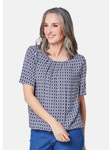 GOLDNER Kurzgröße:  Farbbrillante Druckbluse mit liebevollen Details in marine / weiß