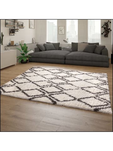 KADIMA DESIGN Hochflor Teppich Shaggy Rauten Schlafzimmer schmutzabweisend in Creme