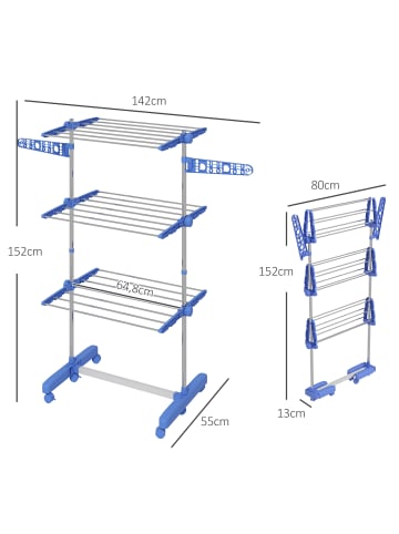 HOMCOM Wäscheständer-142L x 55B x 152H cm-Blau