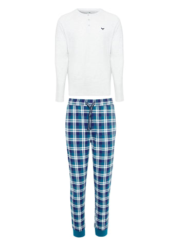 Threadbare Schlafanzug Cork PJ Set in Ecru Marl & Navy / Green Check