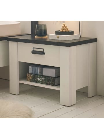 Furn.Design Nachttisch weiß Pinie und Anthrazit Landhaus, Nachtkommode mit Schubkasten