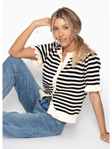 SASSYCLASSY Gestreifte Kurzarm-Strickjacke mit Volants in Offwhite