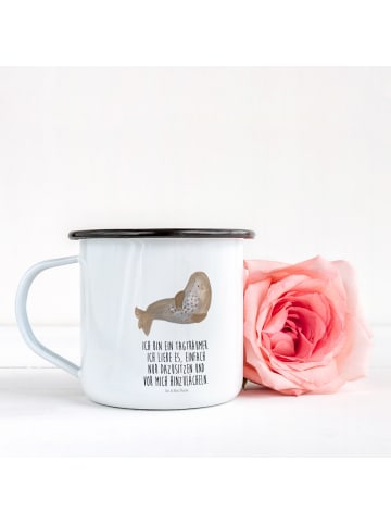 Mr. & Mrs. Panda XL Emaille Tasse Robbe Lachen mit Spruch in Weiß