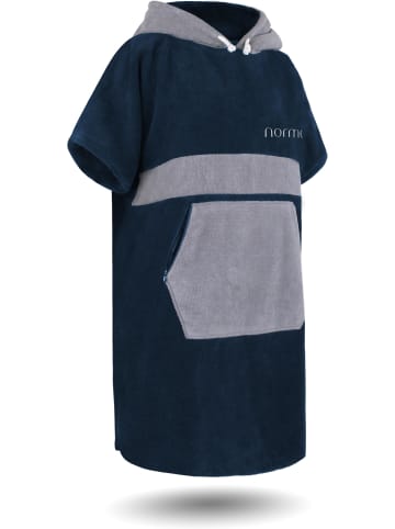 normani Surfer Poncho - Baumwoll Bademantel mit Kapuze in Navy/Grau