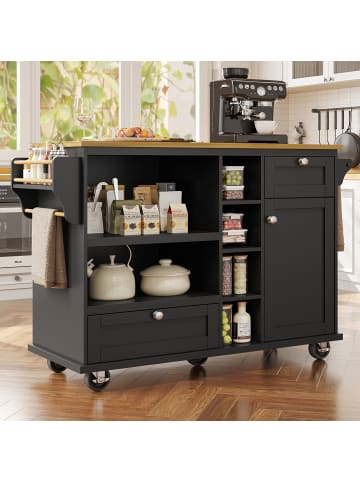 ABRIHOME Beweglicher Küchenwagen mit Schubladen und Lagerschränken in Schwarz