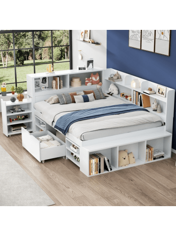 ABRIHOME Doppelbett mit Schubladen Bücherregal und Stauschrank 140x200 cm in Weiß