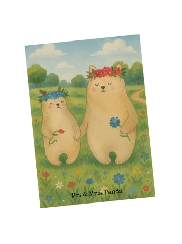Mr. & Mrs. Panda Postkarte Bären mit Blumenkranz Design ohne Spruch in Weiß