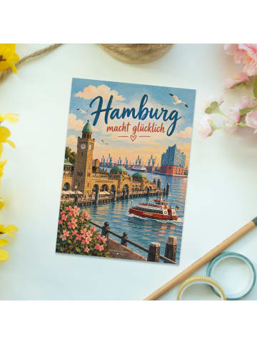 Mr. & Mrs. Panda Postkarte Hamburger Hafen nostalgisch Design mi... in Weiß